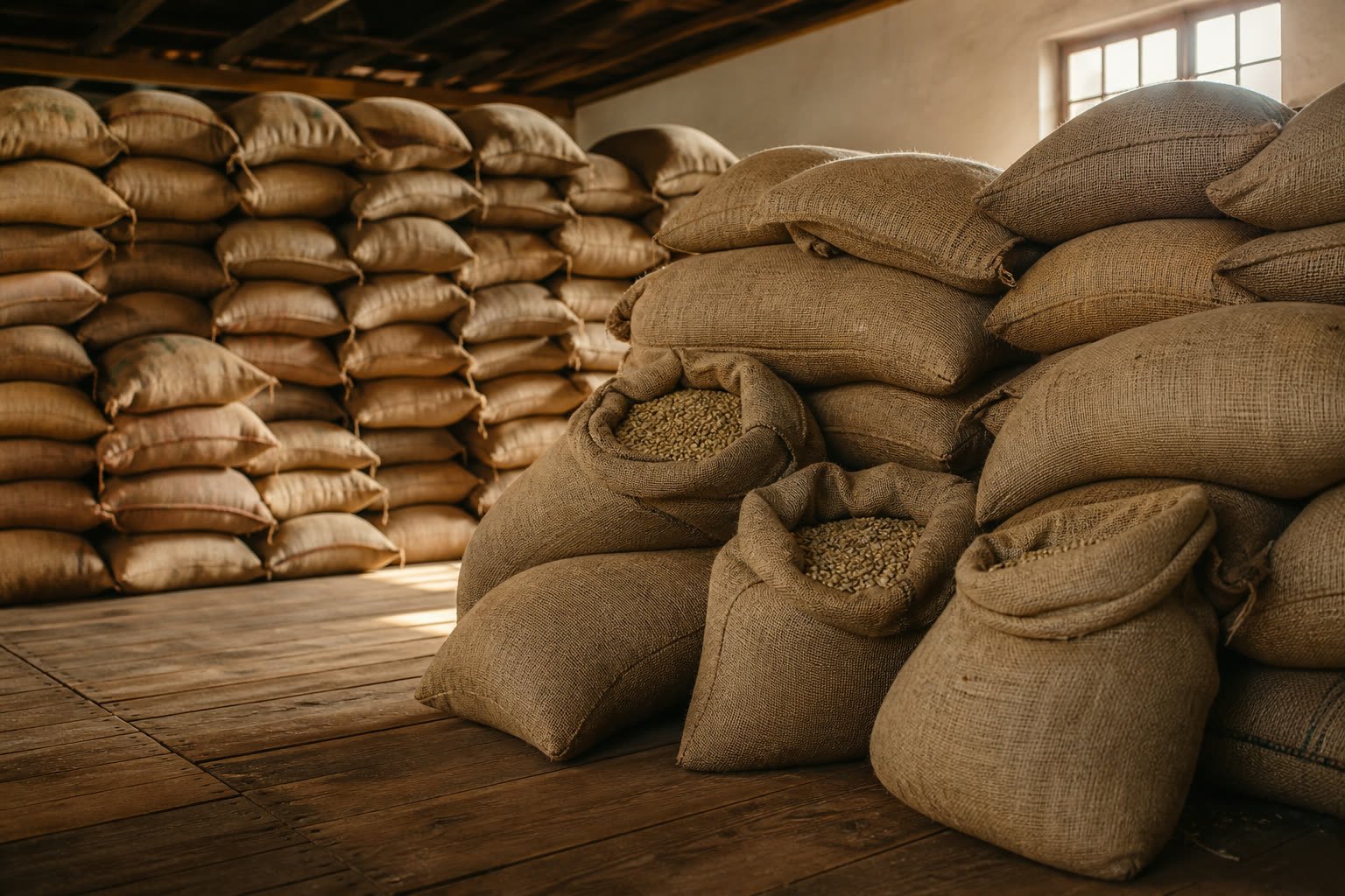 Bodega de acopio con sacos de café listos para comercializar