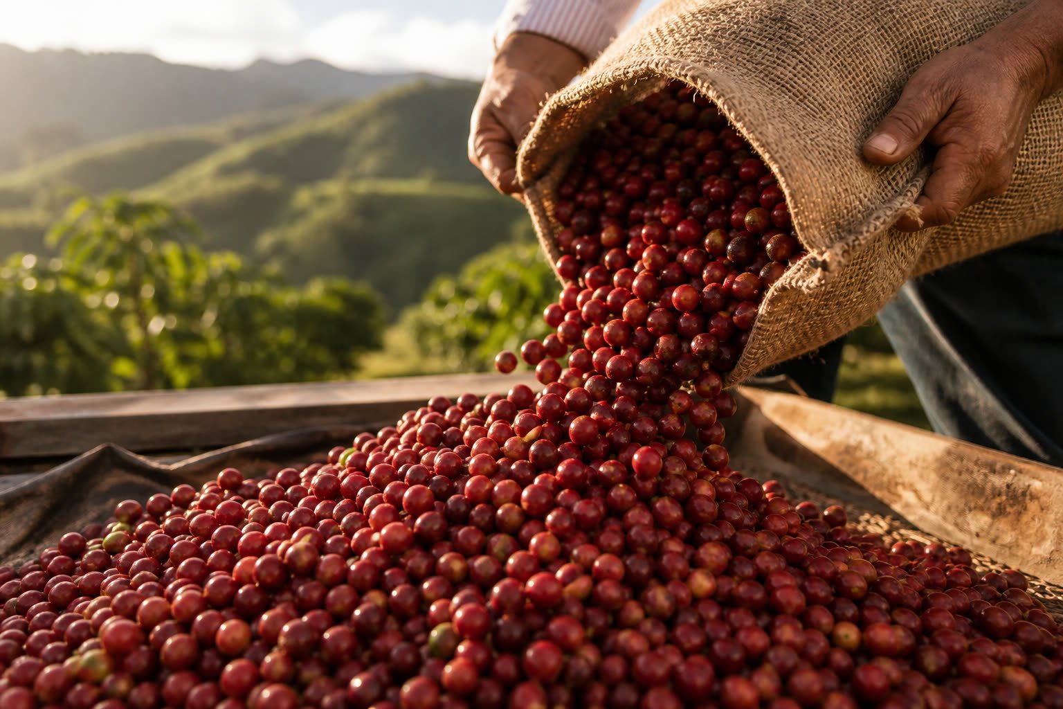 Cosecha de cerezas de café maduras en San Juan del Río Coco